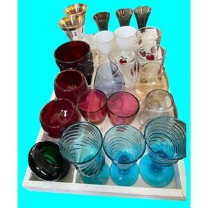 Junk Drawer Lot 
18 Mixed Crystal Liqueur Cordial Glasses With 4 Candle Holders